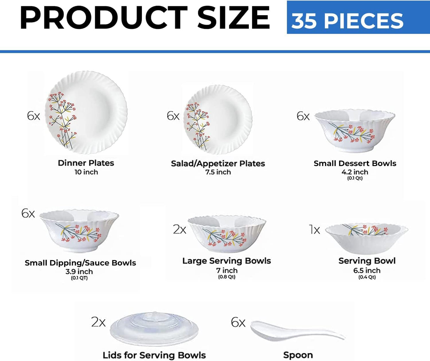 Larah by Borosil Red Bud Silk Series Opalware Dinner Set | 35 Pieces for Family of 6 | Microwave & Dishwasher Safe | Bone-Ash Free | Crockery Set for Dining & Gifting | Plates & Bowls | White,Floral
