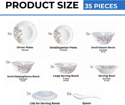 Larah by Borosil Red Bud Silk Series Opalware Dinner Set | 35 Pieces for Family of 6 | Microwave & Dishwasher Safe | Bone-Ash Free | Crockery Set for Dining & Gifting | Plates & Bowls | White,Floral