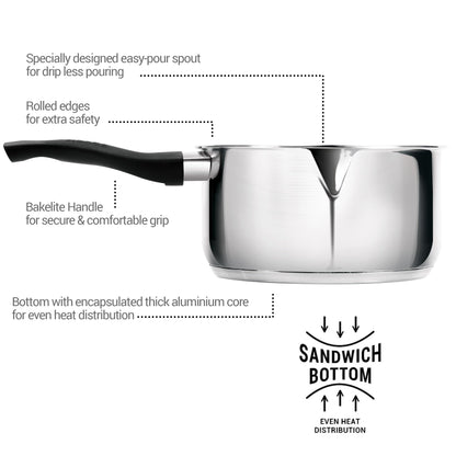 Milton Pro Cook Induction Cookware & Gas Stove Friendly Stainless Steel Tea Pan 16 cm | 1.6 Litre | Sandwich Bottom Sauce Pan | Chai Pot | Milk Boiler with Handle | 2 Year Warranty