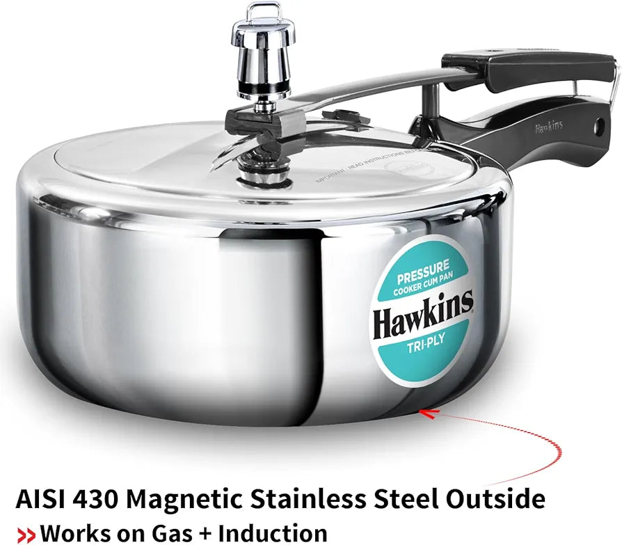 Hawkins 3 Litre Tri-Ply Pressure Cooker cum Pan, Triply Stainless Steel Inner Lid Cooker, Pan, Silver 