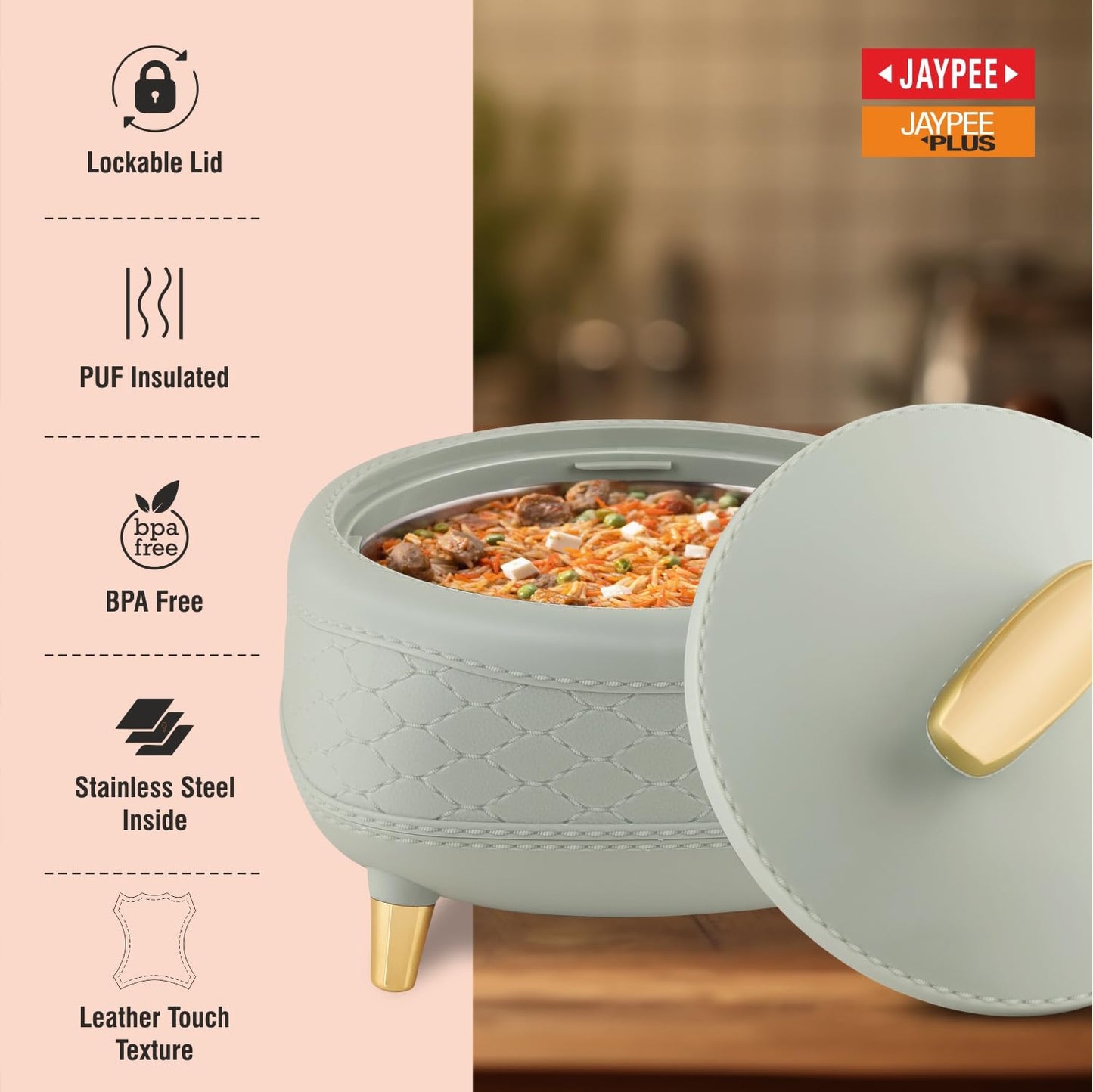 JAYPEE Kingston Stitched Leather Luxurious Outer & Inner Stainless Steel Casserole Set of 3 with Lid (1500+2000+2500) ml PUF Insulated Hot Box for Kitchen Roti Box Hot Pot Serving Casserole,White