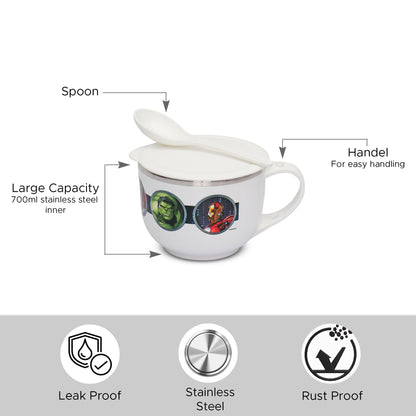 Jaypee Plus Stainless Steel Soup Bowl with Lid & Spoon Holder Souptok, Maggi Bowl Noodles Pasta Bowl, Mug for Milk, Best Diwali Gift, Mug for Kids, Girls, Boys, Birthday, Ivory 700 ml