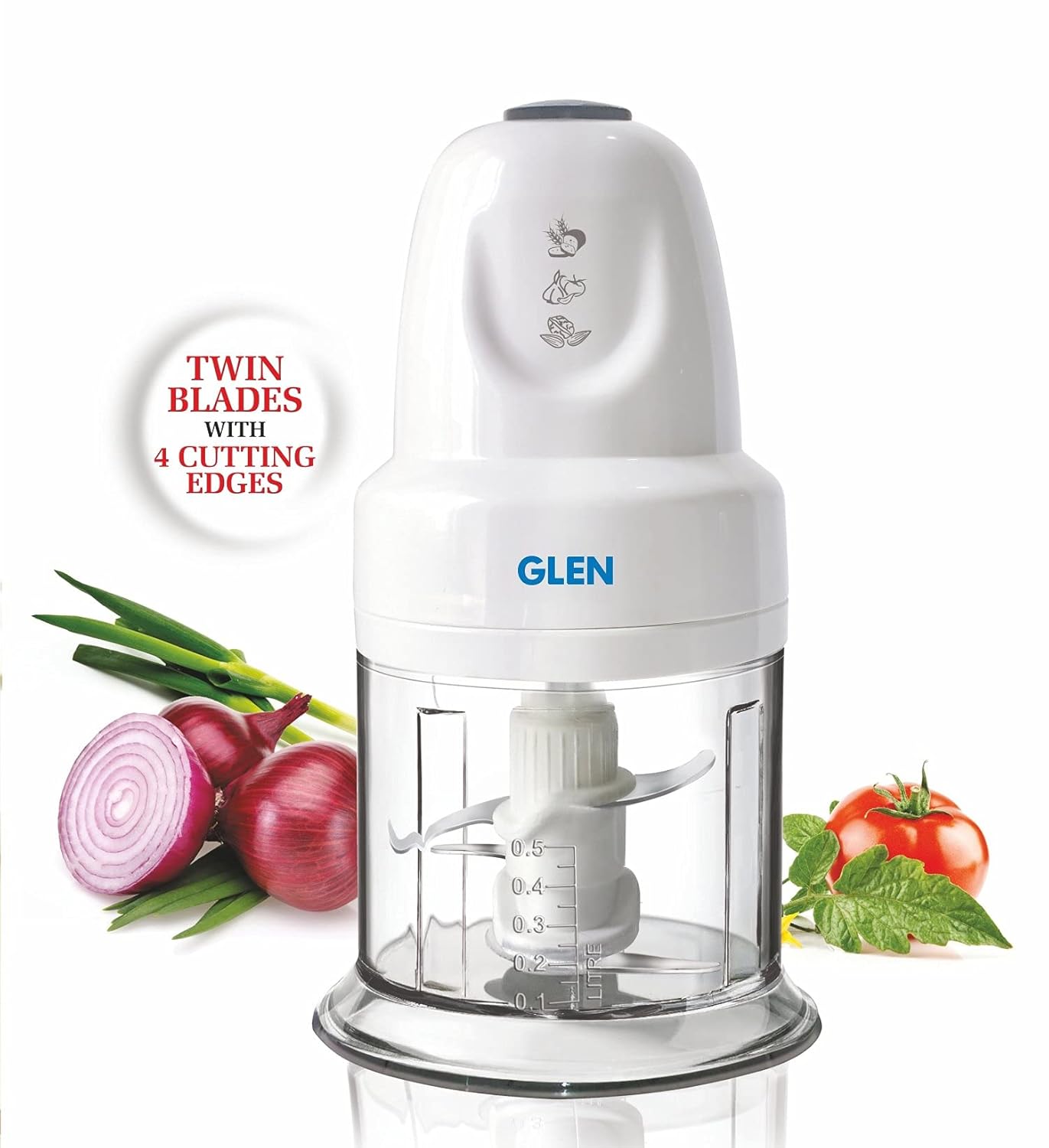 Glen Electric Chopper 200W Including 2 Stainless Steel Blade, 1 Jar with Whisking Disc 500ml Bowl (4043 Turbo, White)