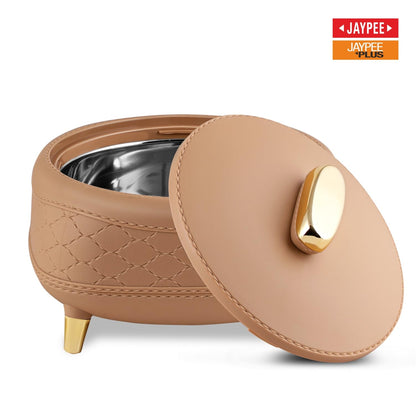 JAYPEE Kingston Stitched Leather Luxurious Outer & Inner Stainless Steel Casserole Set of 3 with Lid (1500+2000+2500) ml PUF Insulated Hot Box for Kitchen Roti Box Hot Pot Serving Casserole,White