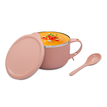 Jaypee Plus Stainless Steel Soup Bowl with Lid & Spoon Holder Souptok, Maggi Bowl Noodles Pasta Bowl, Mug for Milk, Best Diwali Gift, Mug for Kids, Girls, Boys, Birthday, Ivory 700 ml