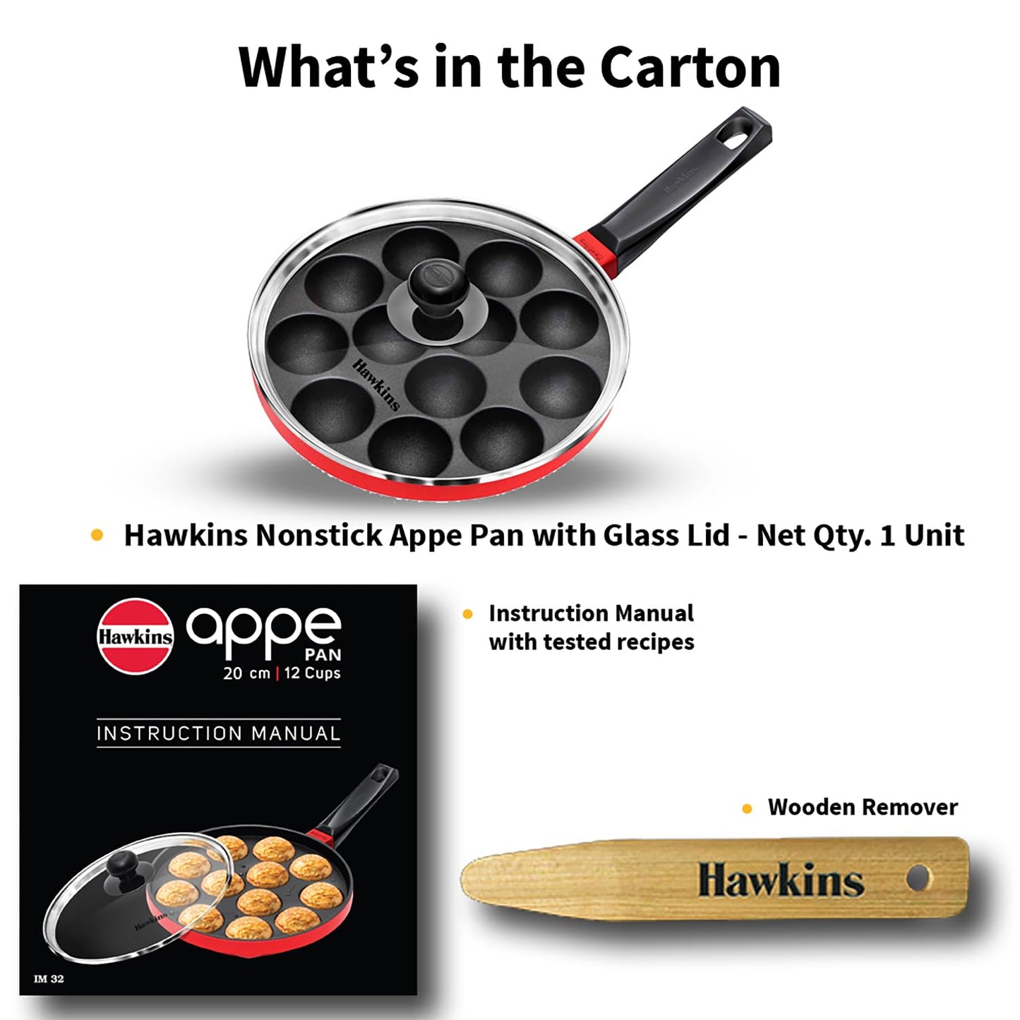 Hawkins Nonstick Appe Pan with Glass Lid, 12 Cups, Diameter 20 cm, Black , Cast Aluminium, Red (NAPE20G)