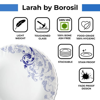 Larah by Borosil Silk Series Opalware Dinner Set | 19 Pieces for Family of 6 | Microwave & Dishwasher Safe | Bone-Ash Free | Crockery Set for Dining & Gifting | Plates & Bowls (Blue Eve)