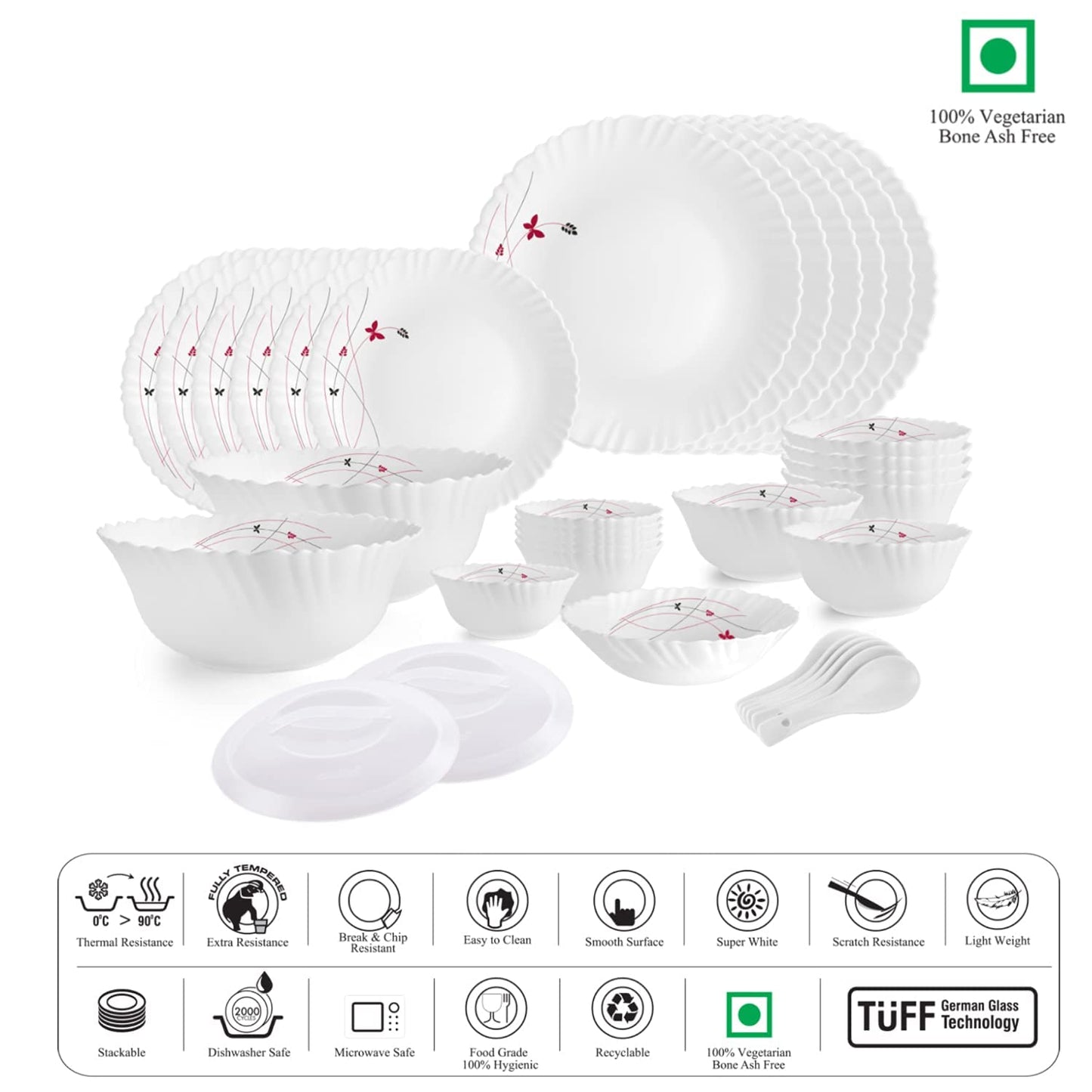 Cello Opalware Dazzle Series Lush Fiesta 35 Piece Dinner Set Serving for 6 | Bone Ash-Free | Lightweight, Elegant White Plates & Bowls Set | Opal Glass Crockery Set for Daily Use Dinning & Gifting