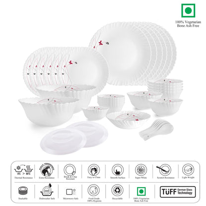 Cello Opalware Dazzle Series Lush Fiesta 35 Piece Dinner Set Serving for 6 | Bone Ash-Free | Lightweight, Elegant White Plates & Bowls Set | Opal Glass Crockery Set for Daily Use Dinning & Gifting