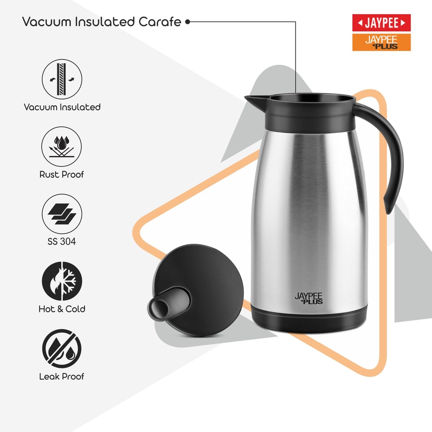 Jaypee Plus Elegant ISI Certified Stainless Steel Insulated Carafe 1000ml Kettle for Hot Tea, Coffee,Double Wall Heat & Cold Retention Cordless Easy Carry for Kitchen, Office,Outdoor,Restaurant,Silver