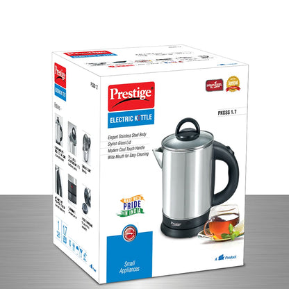 Prestige 1.7L PKGSS Stainless Steel Electric Kettle | 1350 Watts | Glass Lid with heat resistent handle | Single Touch lid locking |Automatic Cut Off | Silver