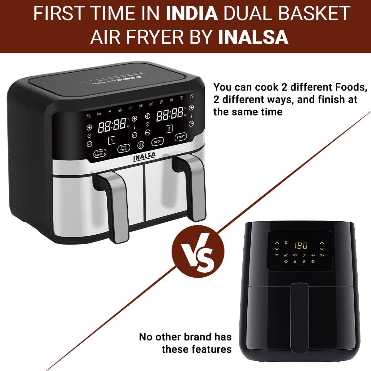 INALSA Air Fryer Nutri Fry Dual Zone-2100 W 10L with Sync Basket & Finish Features 11 Versatile Programs Touch Control & Digital Display Variable Temperature Control 2 Year Warranty