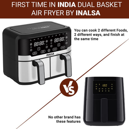INALSA Air Fryer Nutri Fry Dual Zone-2100 W 10L with Sync Basket & Finish Features 11 Versatile Programs Touch Control & Digital Display Variable Temperature Control 2 Year Warranty