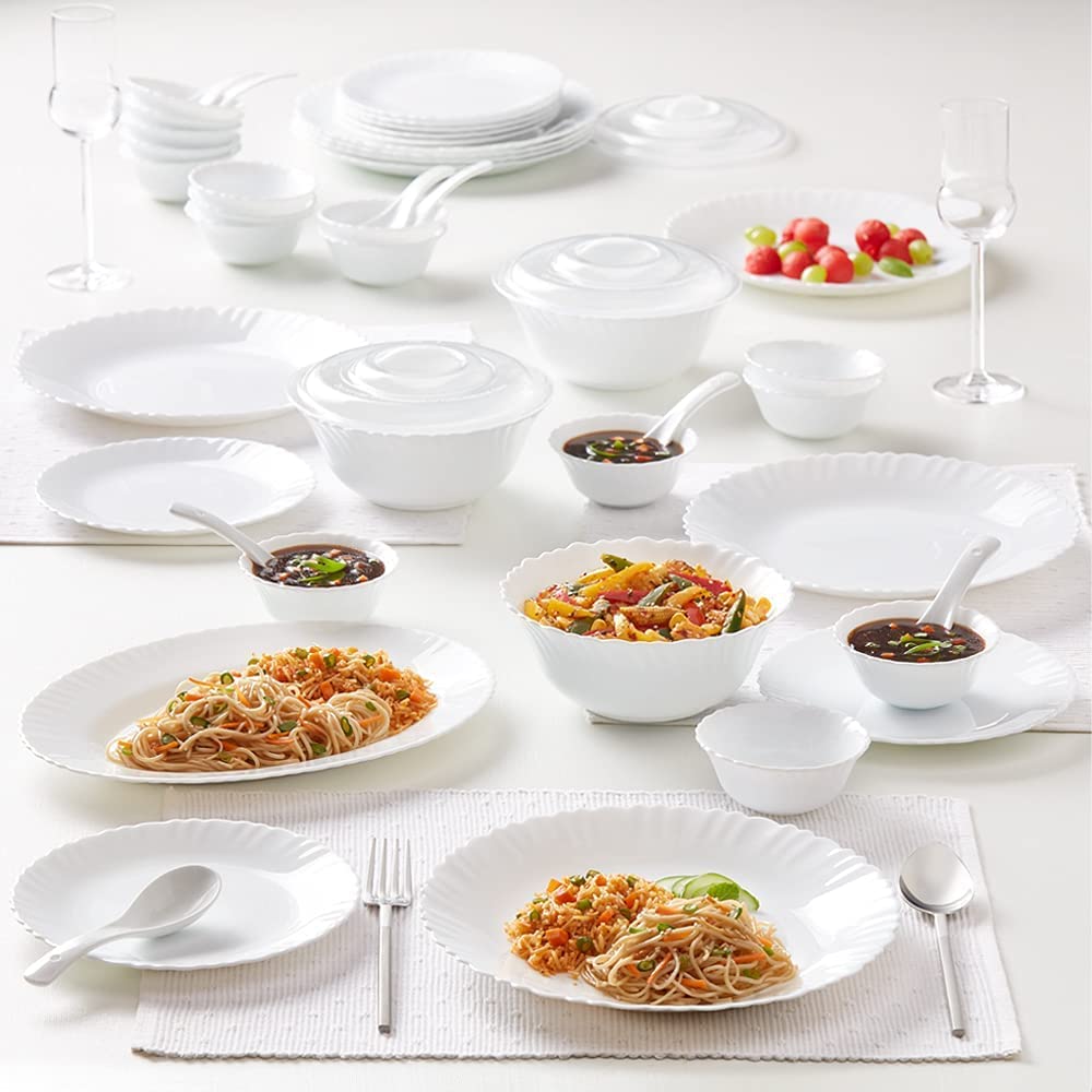 Larah by Borosil Plain White Silk Series Opalware Dinner Set | 47 Pieces for Family of 8 | Microwave & Dishwasher Safe | Bone-Ash Free | Crockery Set for Dining & Gifting | Plates & Bowls | Snow