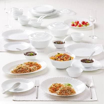 Larah by Borosil Plain White Silk Series Opalware Dinner Set | 47 Pieces for Family of 8 | Microwave & Dishwasher Safe | Bone-Ash Free | Crockery Set for Dining & Gifting | Plates & Bowls | Snow