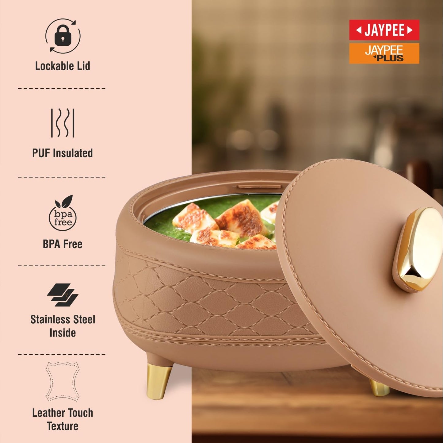 JAYPEE Kingston Stitched Leather Luxurious Outer & Inner Stainless Steel Casserole Set of 3 with Lid (1500+2000+2500) ml PUF Insulated Hot Box for Kitchen Roti Box Hot Pot Serving Casserole,White