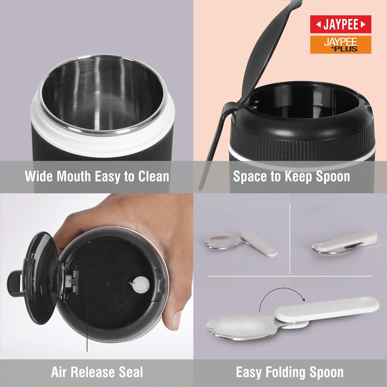 JAYPEE SoloMeal PUF Insulated Inner Stainless Steel Food Jar with Foldable Spoon|Hot/Cold Meal Jar for Kids|Office Women |Men|Food Storage Traveling Box Light Weight |Scratch Resistant|500 ml, Black