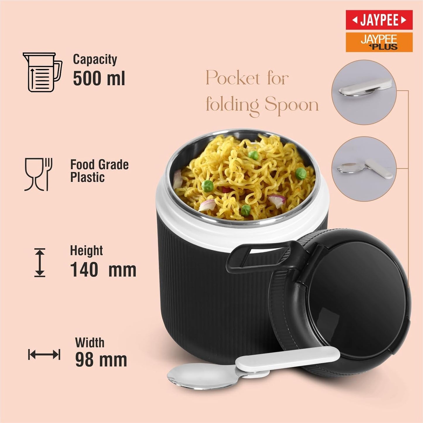 JAYPEE SoloMeal PUF Insulated Inner Stainless Steel Food Jar with Foldable Spoon|Hot/Cold Meal Jar for Kids|Office Women |Men|Food Storage Traveling Box Light Weight |Scratch Resistant|500 ml, Black