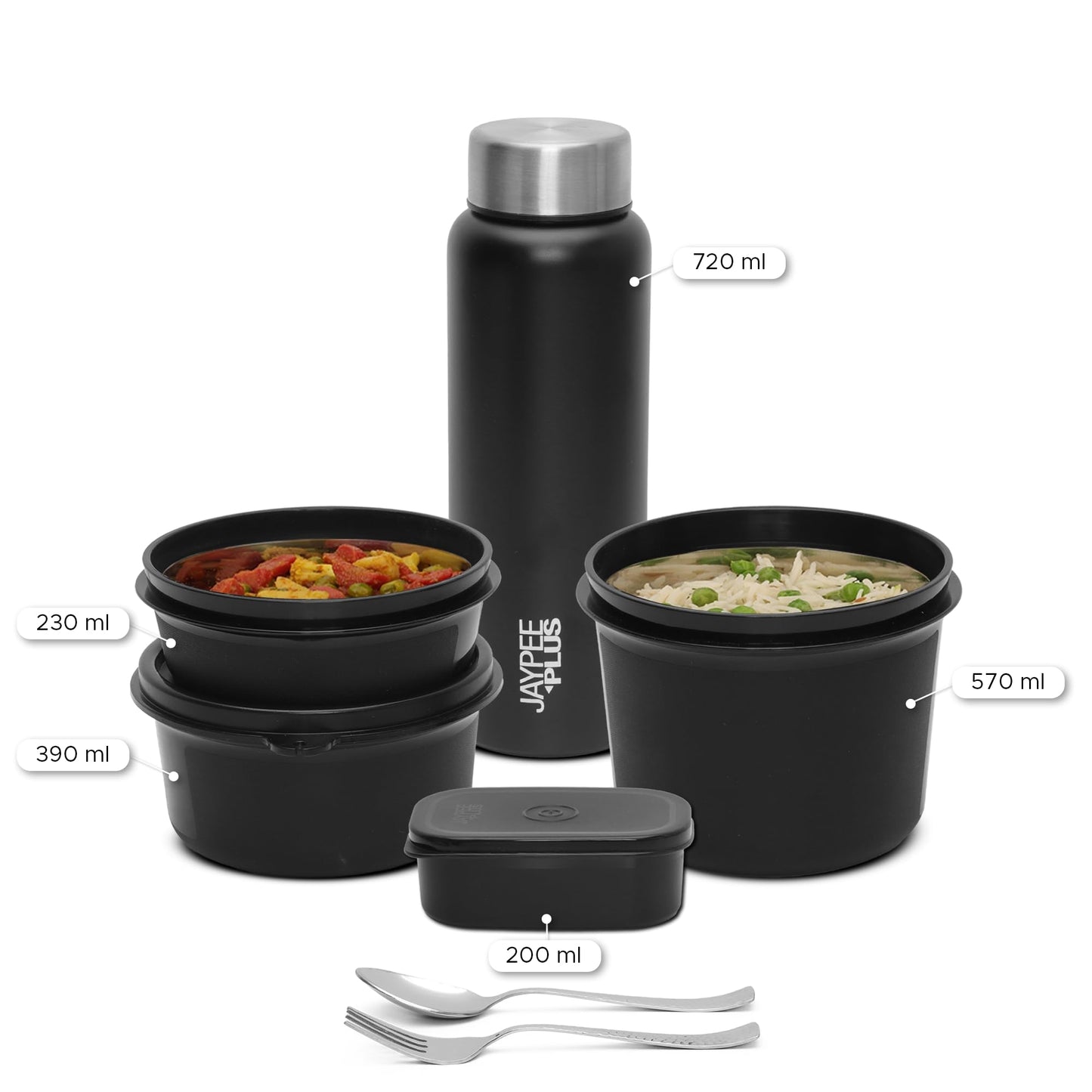 Jaypee Plus Meal Plus 1390 ml Stainless Steel Office Lunch Box | BPA Free, Microwave Safe & Spillproof Airtight 4 Containers | Includes Bottle, Spoon, Fork & Bag | Ideal for College & School (Black)