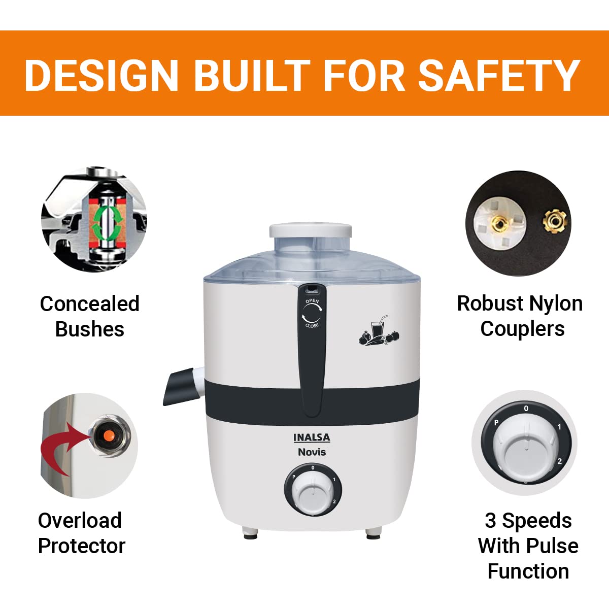 Inalsa Juicer Mixer Grinder 500W- Novis with 2 Jars|1.5L Blender Jar,0.7L SS Multipurpose Jar|Nozzle Cap|Shockproof Body Design,Overload Protection for Safety|ISI Marked, Made In India, White, Medium