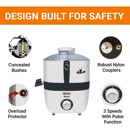 Inalsa Juicer Mixer Grinder 500W- Novis with 2 Jars|1.5L Blender Jar,0.7L SS Multipurpose Jar|Nozzle Cap|Shockproof Body Design,Overload Protection for Safety|ISI Marked, Made In India, White, Medium