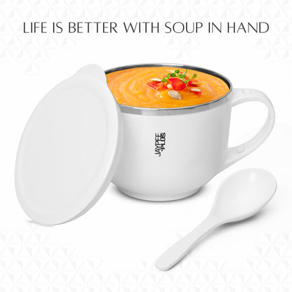 Jaypee Plus Stainless Steel Soup Bowl with Lid & Spoon Holder Souptok, Maggi Bowl Noodles Pasta Bowl, Mug for Milk, Best Diwali Gift, Mug for Kids, Girls, Boys, Birthday, Ivory 700 ml