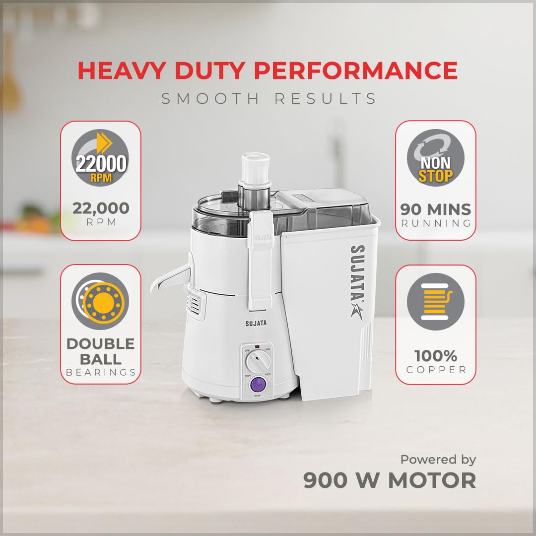 Sujata Powermatic Plus Juicer Mixer Grinder|900 Watts Double Ball Bearing Motor|22000 RPM|Non-Stop 90 Mins Running|2 Jars including 1750ml Blender, 1000ml Grinder Jar| (White)