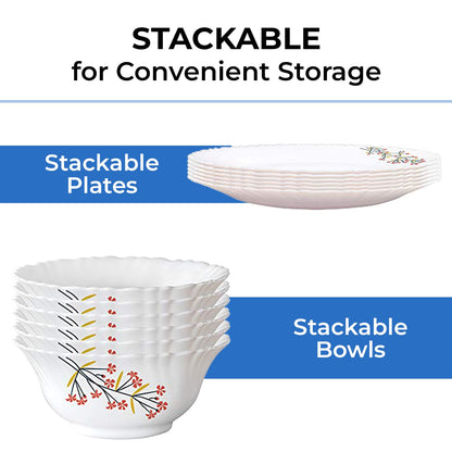 Larah by Borosil Red Bud Silk Series Opalware Dinner Set | 35 Pieces for Family of 6 | Microwave & Dishwasher Safe | Bone-Ash Free | Crockery Set for Dining & Gifting | Plates & Bowls | White,Floral