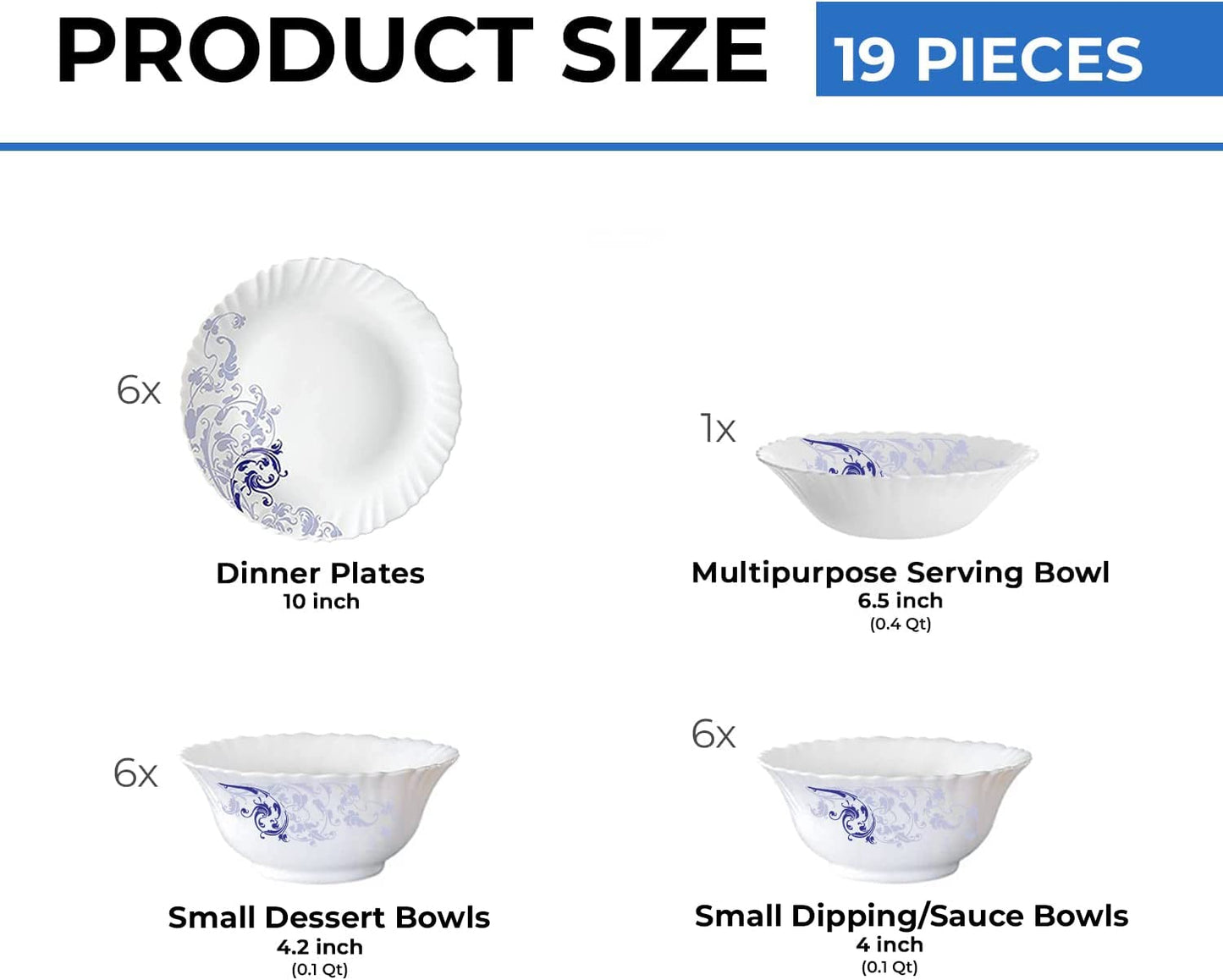 Larah by Borosil Silk Series Opalware Dinner Set | 19 Pieces for Family of 6 | Microwave & Dishwasher Safe | Bone-Ash Free | Crockery Set for Dining & Gifting | Plates & Bowls (Blue Eve)