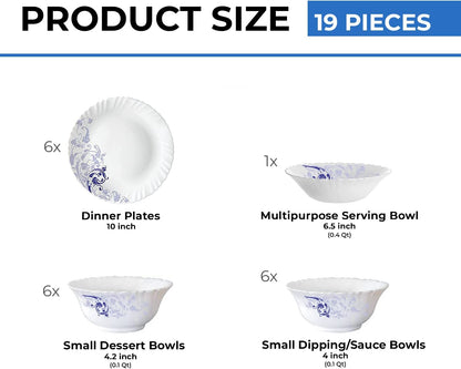 Larah by Borosil Silk Series Opalware Dinner Set | 19 Pieces for Family of 6 | Microwave & Dishwasher Safe | Bone-Ash Free | Crockery Set for Dining & Gifting | Plates & Bowls (Blue Eve)