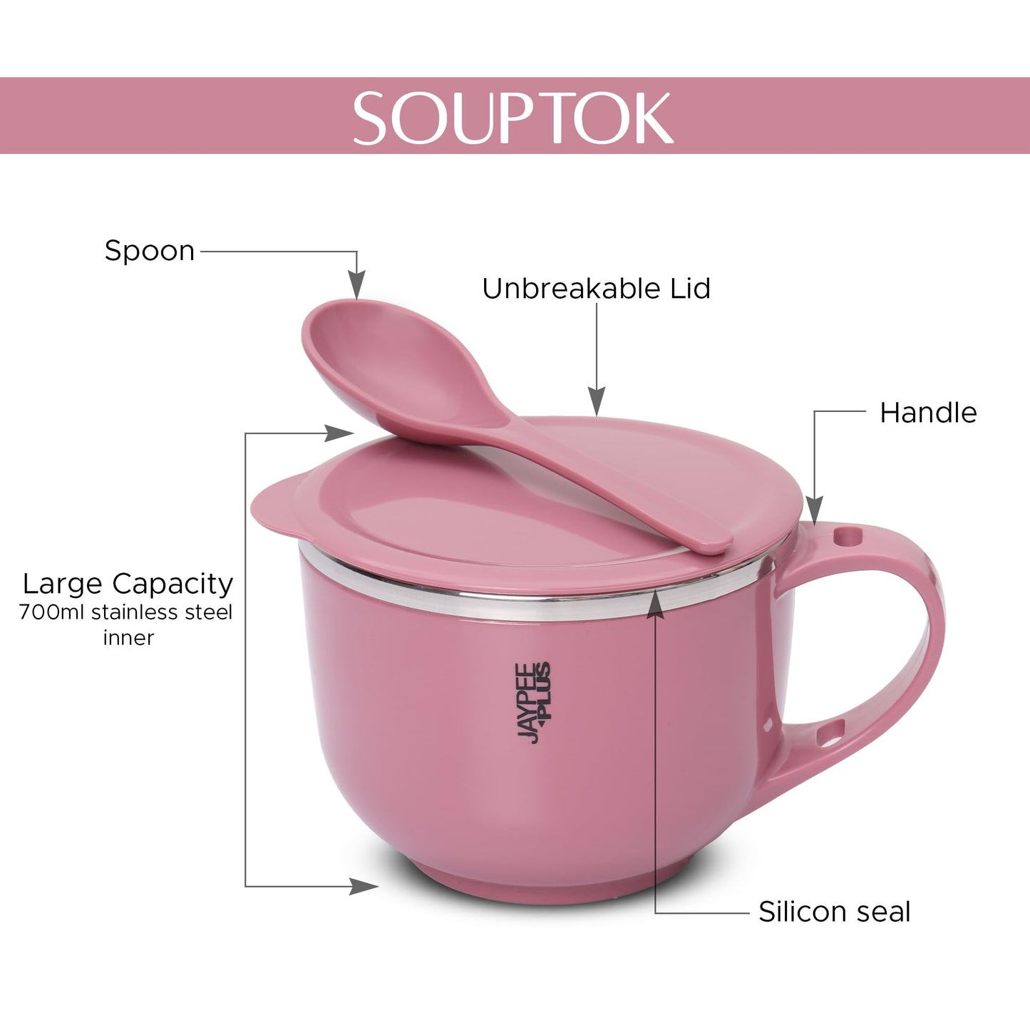 Jaypee Plus Stainless Steel Soup Bowl with Lid & Spoon Holder Souptok, Maggi Bowl Noodles Pasta Bowl, Mug for Milk, Best Diwali Gift, Mug for Kids, Girls, Boys, Birthday, Ivory 700 ml