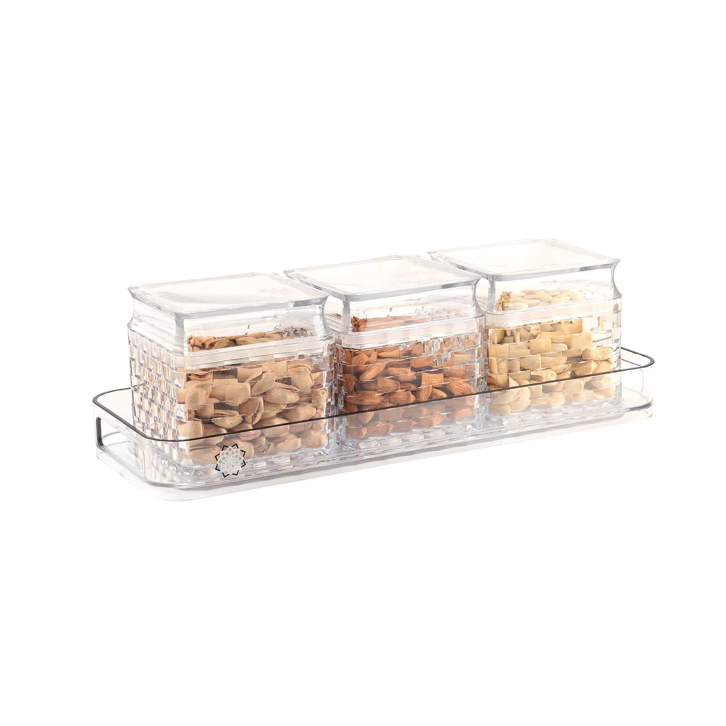Jaypee Plus Krysta 3 Airtight Dry Fruit Container Set of 3 With Tray|Unique Design Leakproof Transparent Plastic Dry Food Box |Diwali Gift Pack |500 ml, Transparent