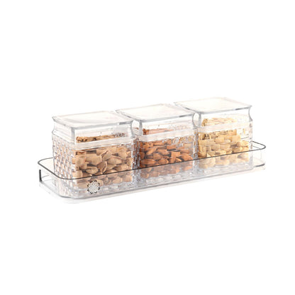 Jaypee Plus Krysta 3 Airtight Dry Fruit Container Set of 3 With Tray|Unique Design Leakproof Transparent Plastic Dry Food Box |Diwali Gift Pack |500 ml, Transparent