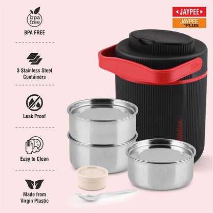 Jaypee Plus Ribbline Electric Lunch Box with 3 Stainless Steel Container (500 ml x3) Office Lunch Box for Men & Women with Spoon, 1 Small Box Leakproof Tiffin Box for Reheating Food,Black