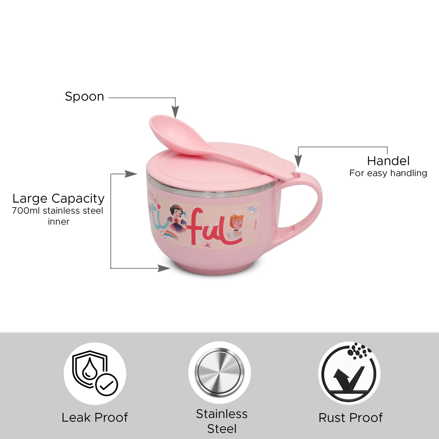 Jaypee Plus Stainless Steel Soup Bowl with Lid & Spoon Holder Souptok, Maggi Bowl Noodles Pasta Bowl, Mug for Milk, Best Diwali Gift, Mug for Kids, Girls, Boys, Birthday, Ivory 700 ml