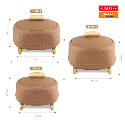JAYPEE Kingston Stitched Leather Luxurious Outer & Inner Stainless Steel Casserole Set of 3 with Lid (1500+2000+2500) ml PUF Insulated Hot Box for Kitchen Roti Box Hot Pot Serving Casserole,White