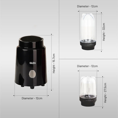 Glen Active Electric Blender Mixer Grinder for kitchen, 350W, 2 Unbreakable Jars (300ml & 500ml), 2 Stainless Steel Blades, 20000 RPM, for Smoothie Shake Juice - Black (SA4048N)