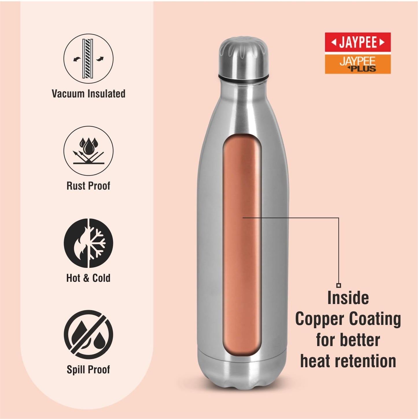 Jaypee Plus Alpha Vaccum Insulated Double Wall Thermosteel Flask 1000 ml Water Bottle ISI Certified 24 Hours Hot and Cold Water Bottle for School,Office,Gym, Leakproof, Rustproof Steel Bottle,Black