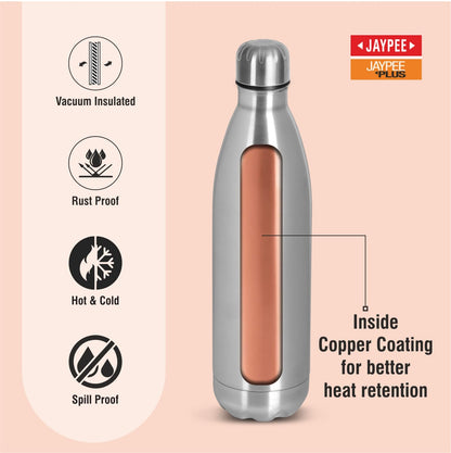 Jaypee Plus Alpha Vaccum Insulated Double Wall Thermosteel Flask 1000 ml Water Bottle ISI Certified 24 Hours Hot and Cold Water Bottle for School,Office,Gym, Leakproof, Rustproof Steel Bottle,Black
