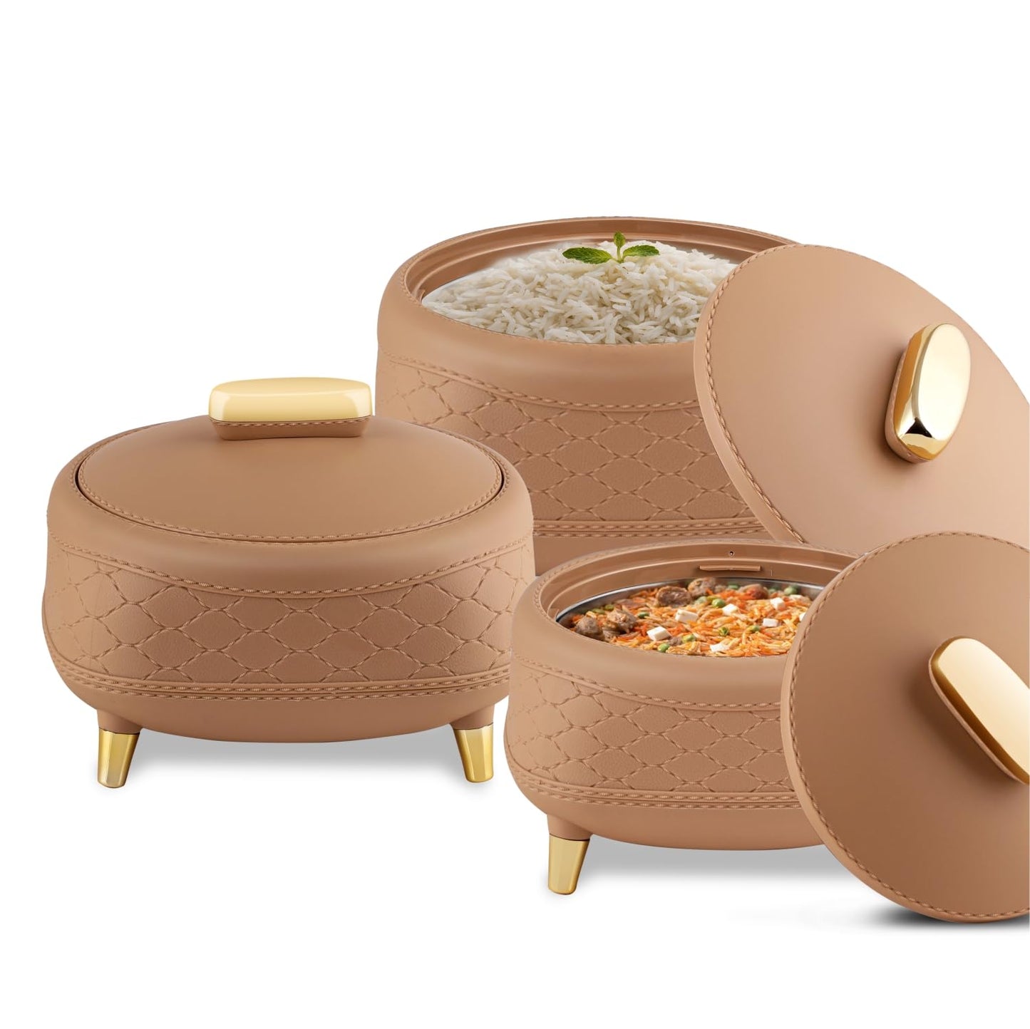 JAYPEE Kingston Stitched Leather Luxurious Outer & Inner Stainless Steel Casserole Set of 3 with Lid (1500+2000+2500) ml PUF Insulated Hot Box for Kitchen Roti Box Hot Pot Serving Casserole,White