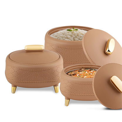 JAYPEE Kingston Stitched Leather Luxurious Outer & Inner Stainless Steel Casserole Set of 3 with Lid (1500+2000+2500) ml PUF Insulated Hot Box for Kitchen Roti Box Hot Pot Serving Casserole,White