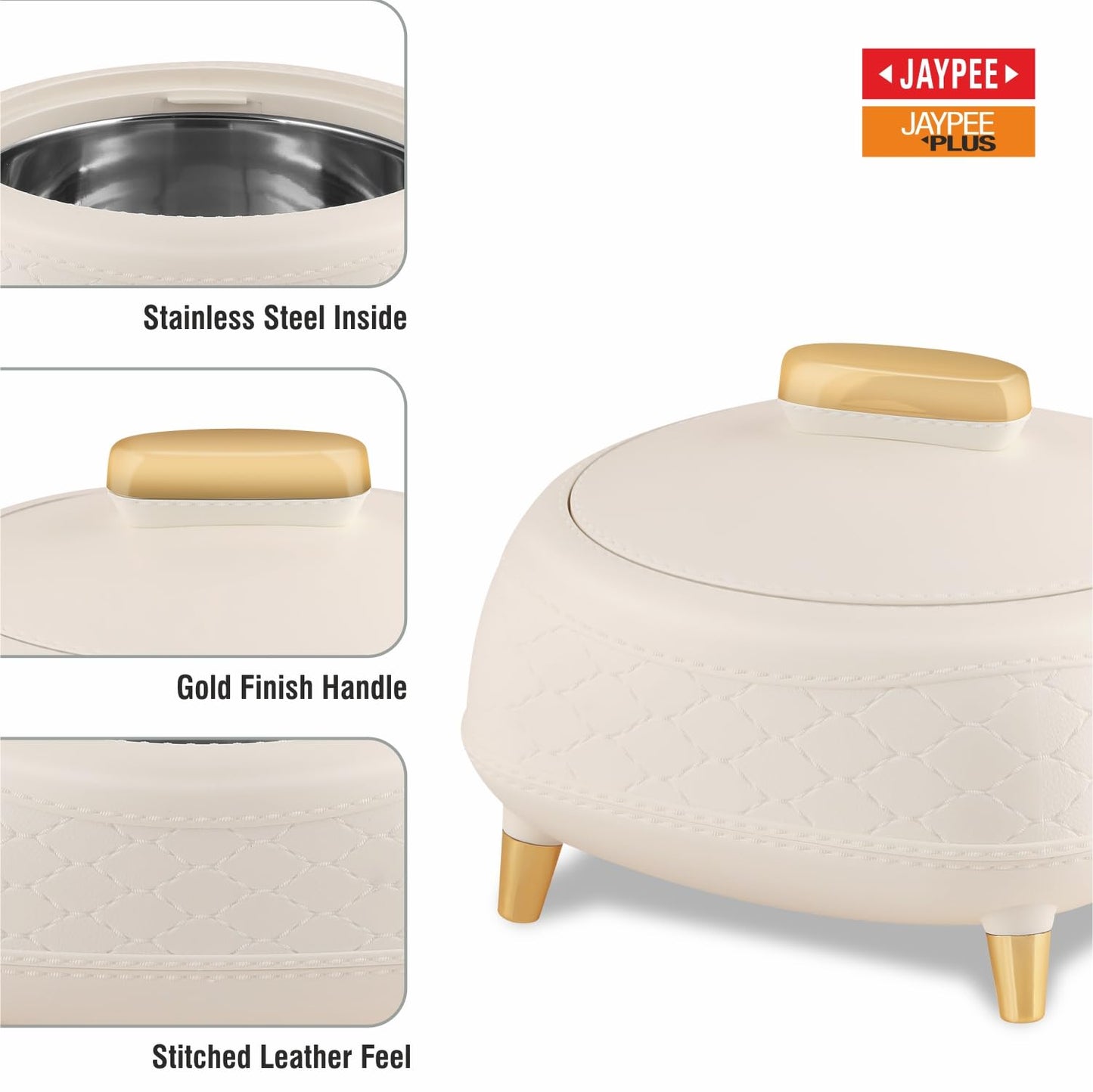 JAYPEE Kingston Stitched Leather Luxurious Outer & Inner Stainless Steel Casserole Set of 3 with Lid (1500+2000+2500) ml PUF Insulated Hot Box for Kitchen Roti Box Hot Pot Serving Casserole,White
