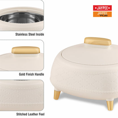 JAYPEE Kingston Stitched Leather Luxurious Outer & Inner Stainless Steel Casserole Set of 3 with Lid (1500+2000+2500) ml PUF Insulated Hot Box for Kitchen Roti Box Hot Pot Serving Casserole,White