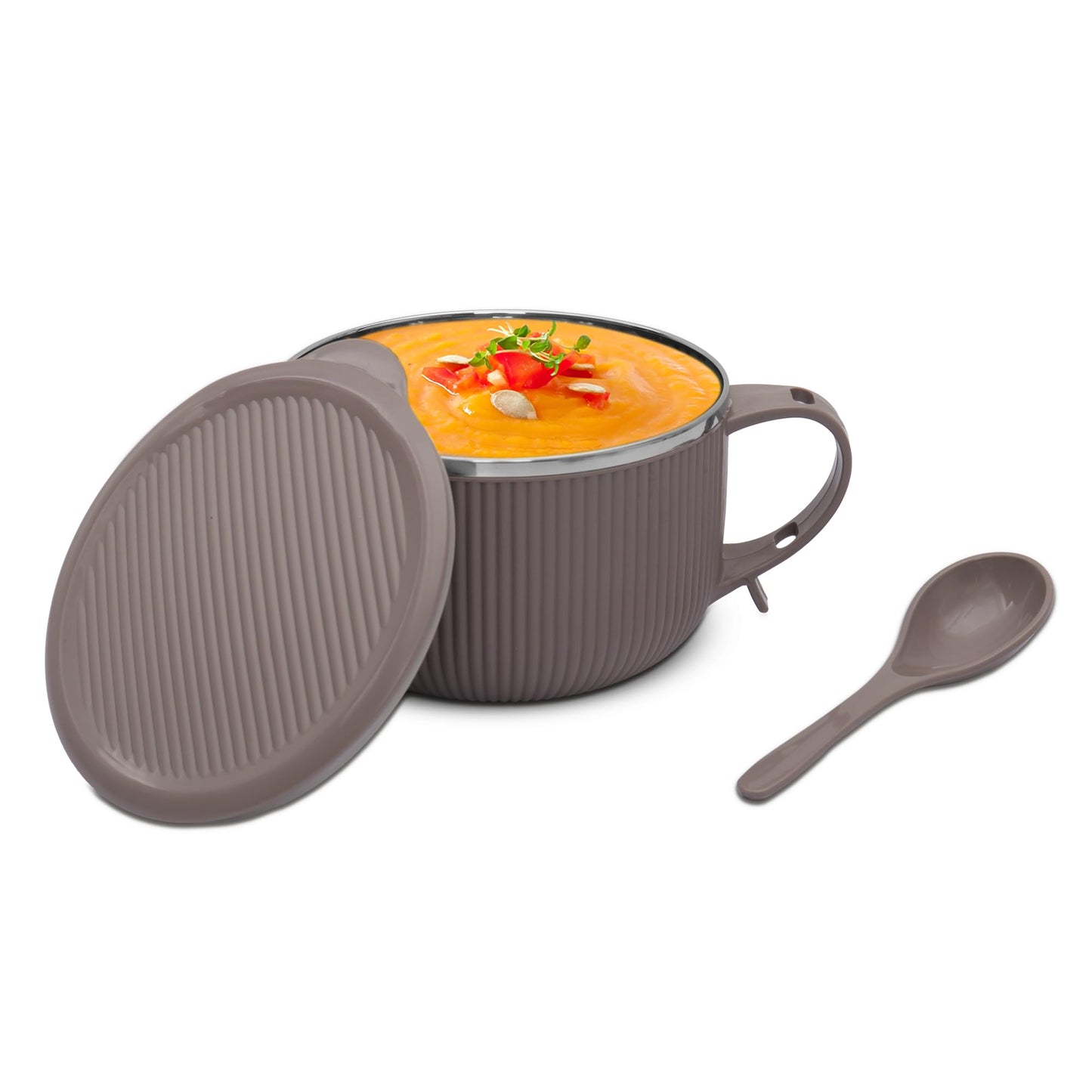 Jaypee Plus Stainless Steel Soup Bowl with Lid & Spoon Holder Souptok, Maggi Bowl Noodles Pasta Bowl, Mug for Milk, Best Diwali Gift, Mug for Kids, Girls, Boys, Birthday, Ivory 700 ml