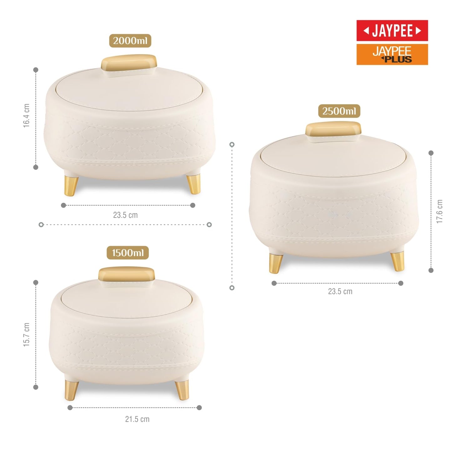 JAYPEE Kingston Stitched Leather Luxurious Outer & Inner Stainless Steel Casserole Set of 3 with Lid (1500+2000+2500) ml PUF Insulated Hot Box for Kitchen Roti Box Hot Pot Serving Casserole,White