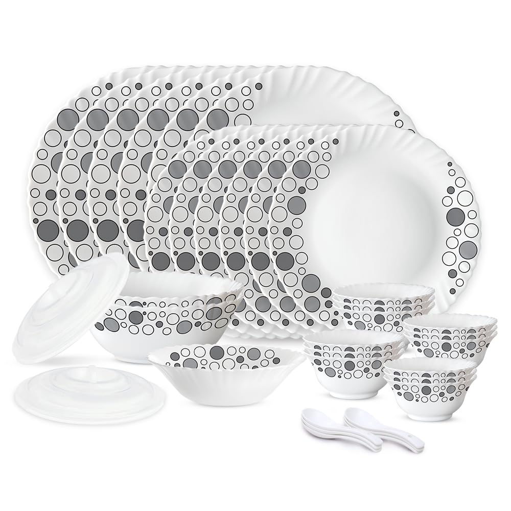 Larah by Borosil Luna Silk Series Opalware Dinner Set | 35 Pieces for Family of 6 | Microwave & Dishwasher Safe | Bone-Ash Free | Crockery Set for Dining & Gifting | Plates & Bowls | White