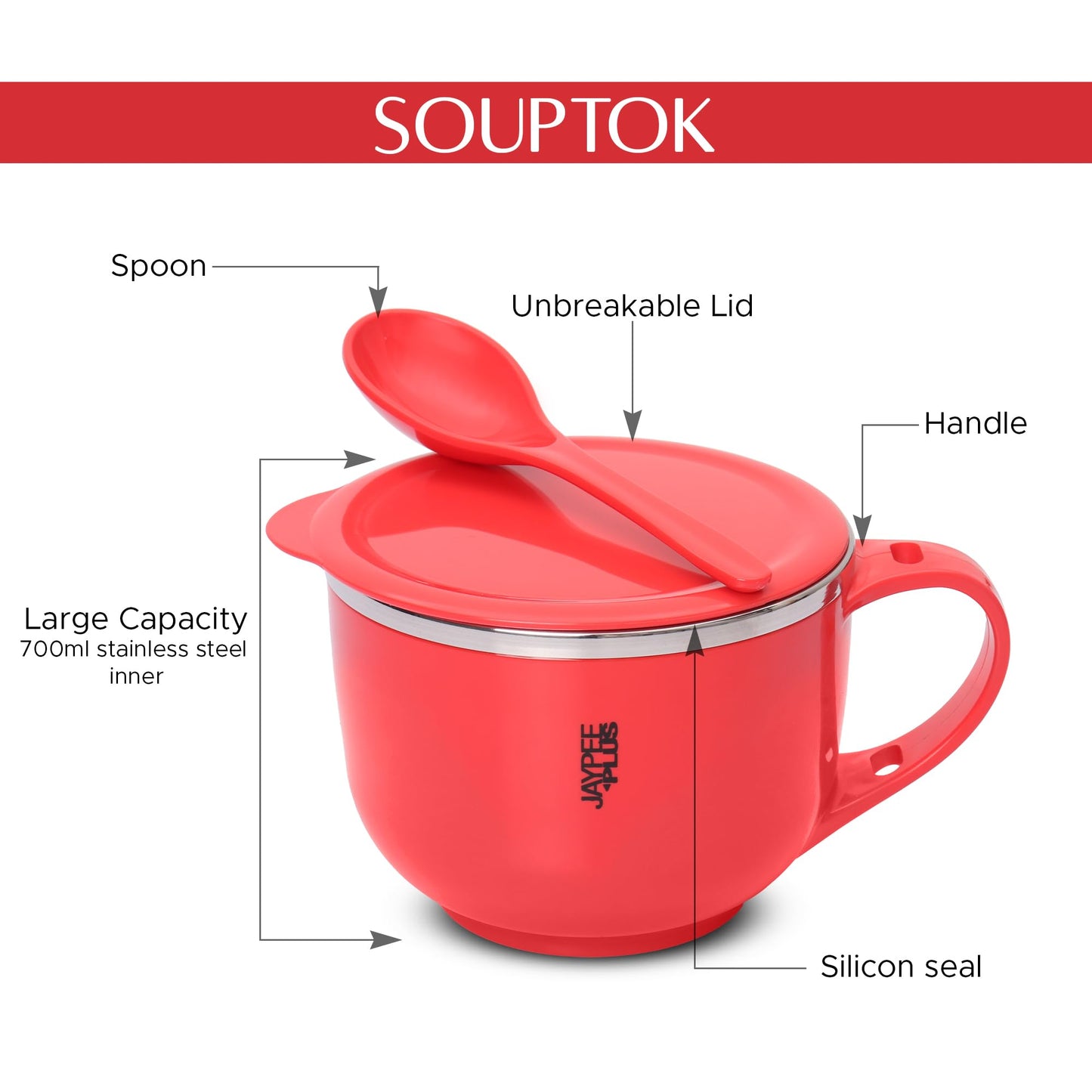 Jaypee Plus Stainless Steel Soup Bowl with Lid & Spoon Holder Souptok, Maggi Bowl Noodles Pasta Bowl, Mug for Milk, Best Diwali Gift, Mug for Kids, Girls, Boys, Birthday, Ivory 700 ml
