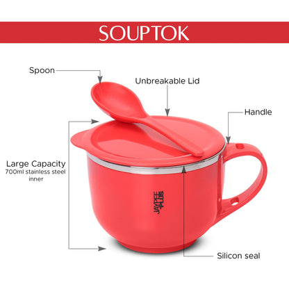 Jaypee Plus Stainless Steel Soup Bowl with Lid & Spoon Holder Souptok, Maggi Bowl Noodles Pasta Bowl, Mug for Milk, Best Diwali Gift, Mug for Kids, Girls, Boys, Birthday, Ivory 700 ml