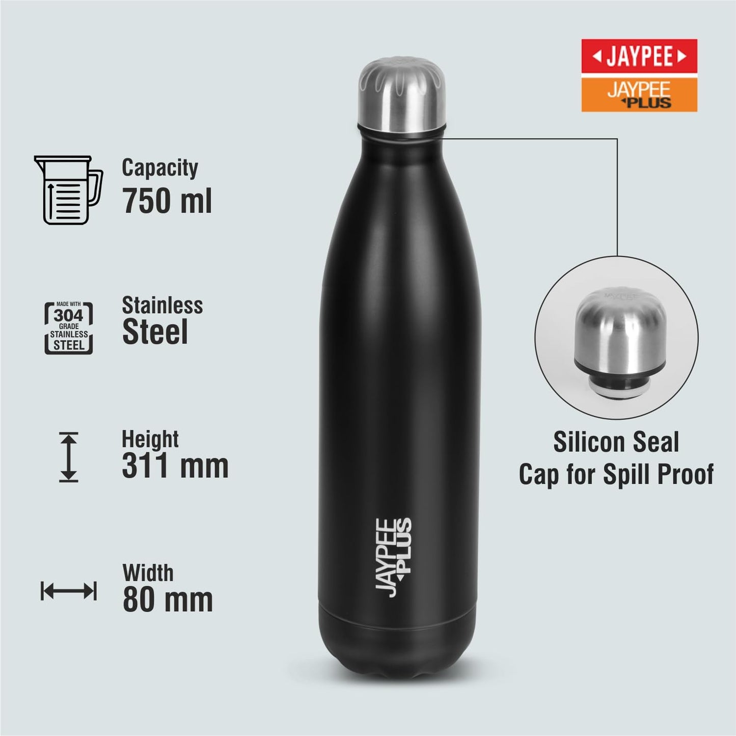 Jaypee Plus Alpha Vaccum Insulated Double Wall Thermosteel Flask 1000 ml Water Bottle ISI Certified 24 Hours Hot and Cold Water Bottle for School,Office,Gym, Leakproof, Rustproof Steel Bottle,Black