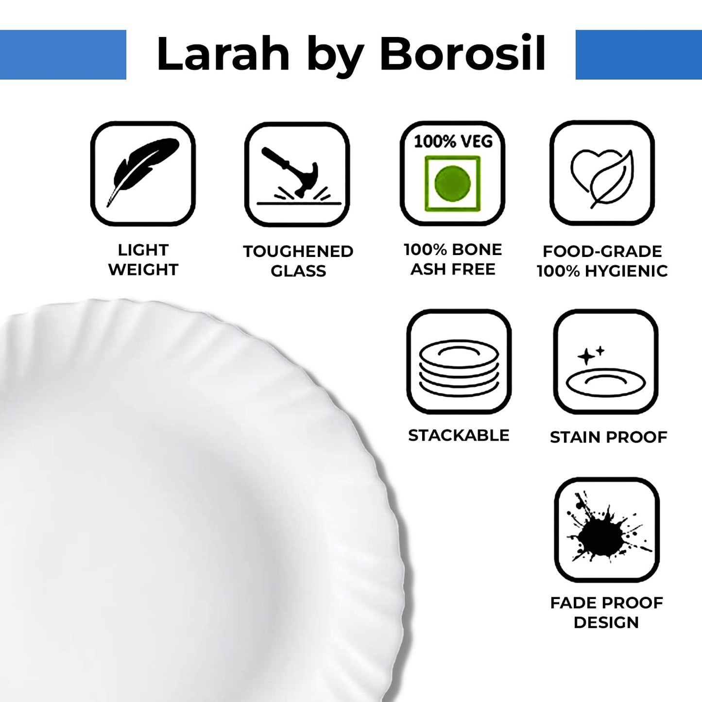 Larah by Borosil Plain White Silk Series Opalware Dinner Set | 47 Pieces for Family of 8 | Microwave & Dishwasher Safe | Bone-Ash Free | Crockery Set for Dining & Gifting | Plates & Bowls | Snow